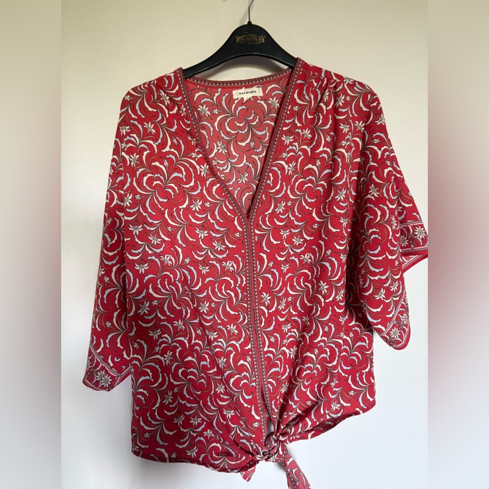 Max Studio Red and White Wrap Blouse 3/4 Sleeve